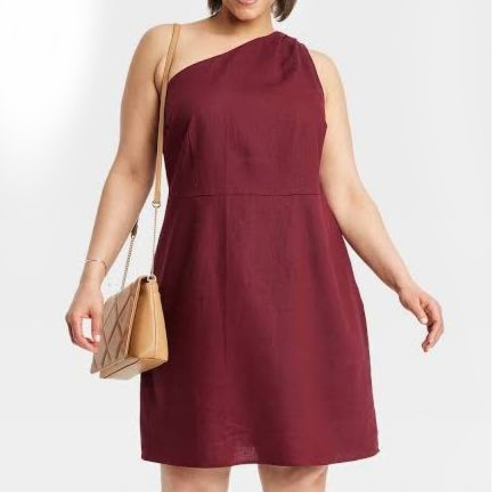 NEW A New Day Linen Blend One Shoulder Dress Sz XL Burgundy Red NWT